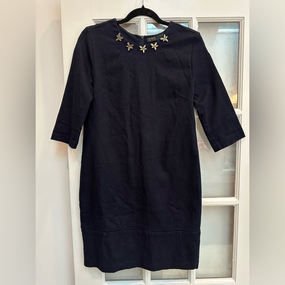 ZARA Dark Blue Denim Couture Shift Dress Floral Rhinestones Women’s Size Medium - Picture 1 of 14